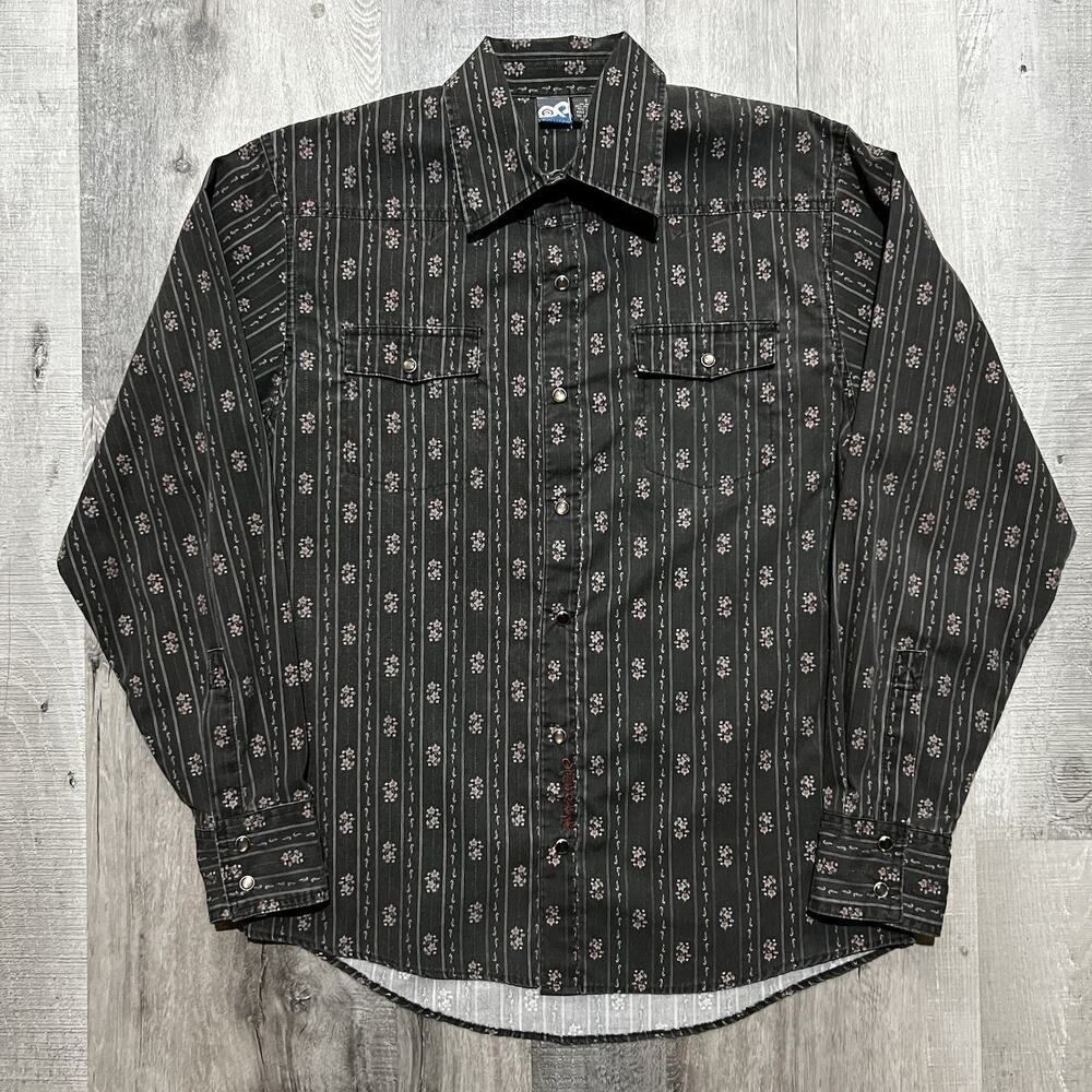 VTG Ocean Pacific Black Floral Striped Pearl Snap Western Shirt 90s Y2K Men's S